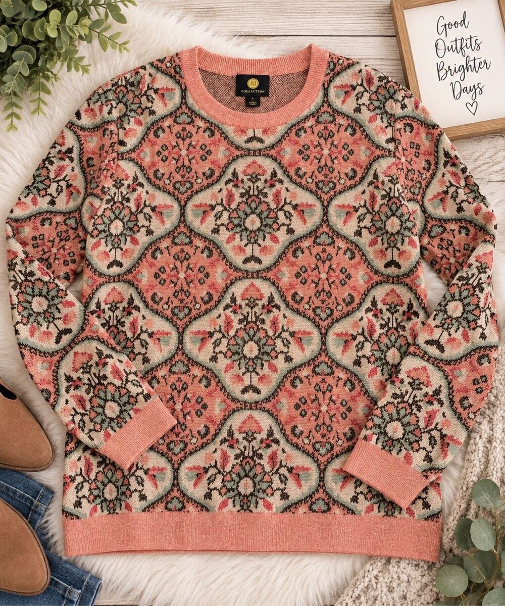 JM Collection Women’s Large Pink Metallic Medallion Jacquard Long Sleeve Sweater